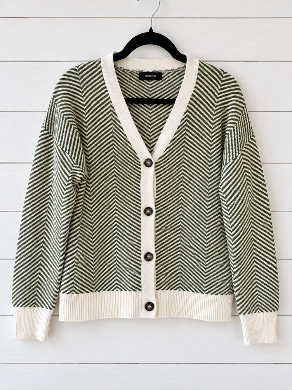 Dokotoo Olive & Cream Striped V-Neck Button Cardigan